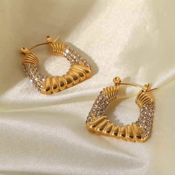 Zircon Chunky‎ Square 18K Gold Plated Hoop Earrings Stainless Steel - Picture 4 of 13